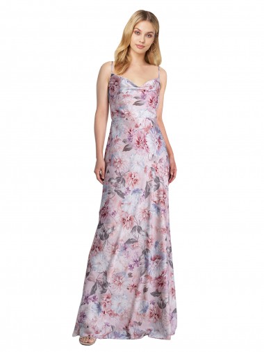 Online Draped Cowl Neck Long Printed Formal Stretch Satin Bridesmaid Dress