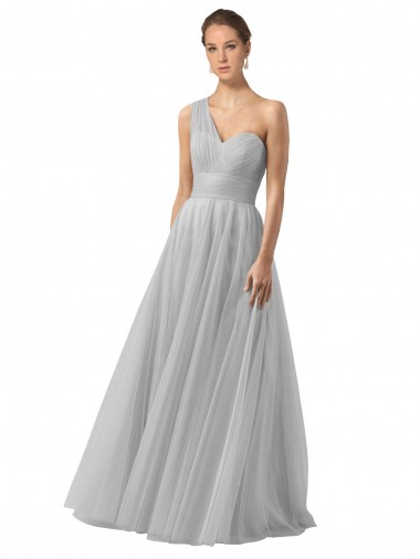 Online Floor Length Tulle Bridesmaid Dress with Shirred One Shoulder Bodice