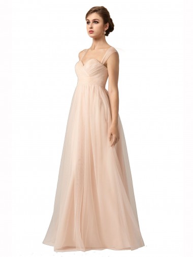 Online Illusion Sleeves Tulle Bridesmaid Dress with Shirred Bodice and Sweetheart Neckline