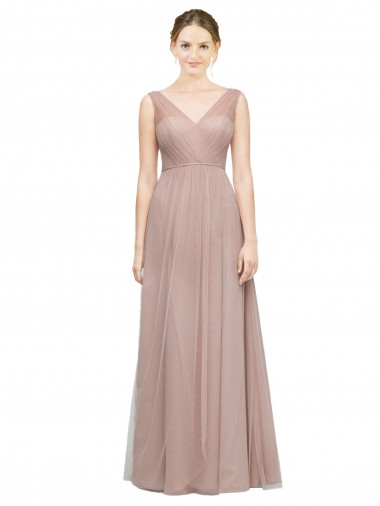 Online Full Length Draped Long V-Neck Tulle Bridesmaid Dress