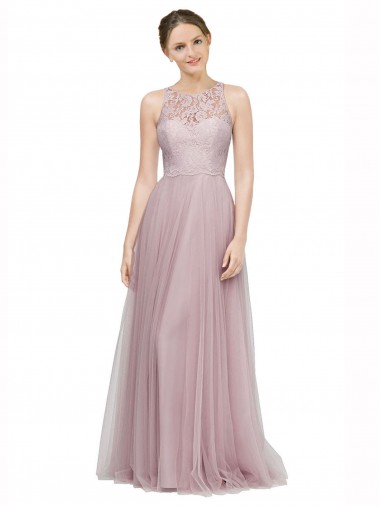 Online High Neck Long Tulle Bridesmaid Dress with Lace Bodice