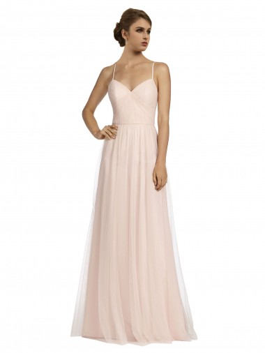 Online Long Draped Back A-Line Tulle Bridesmaid Dress with Pleated Bodice