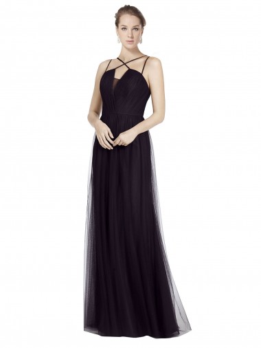 Online High Neck Long A-Line Tulle Bridesmaid Dress