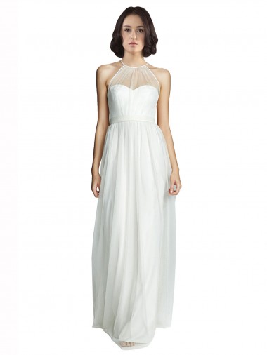 Online High Neckline Long Tulle Bridesmaid Dress with Illusion Front