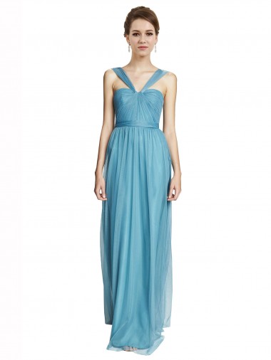 Online Floor Length Inverted V-Neck Tulle Bridesmaids Dress