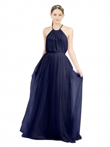 Online Long A-Line High Neck Halter Tulle Bridesmaid Dress