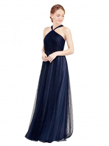 Online Floor Length Long Halter Pleated Tulle Bridesmaid Dress
