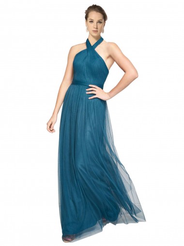 Online High Neck Halter Pleated A-Line Tulle Bridesmaid Dress