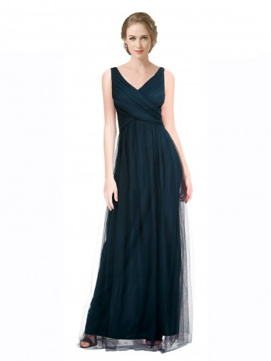 Online Full Length Long Tulle Bridesmaid Dress with V-Neck Criss-Cross Ruched Top