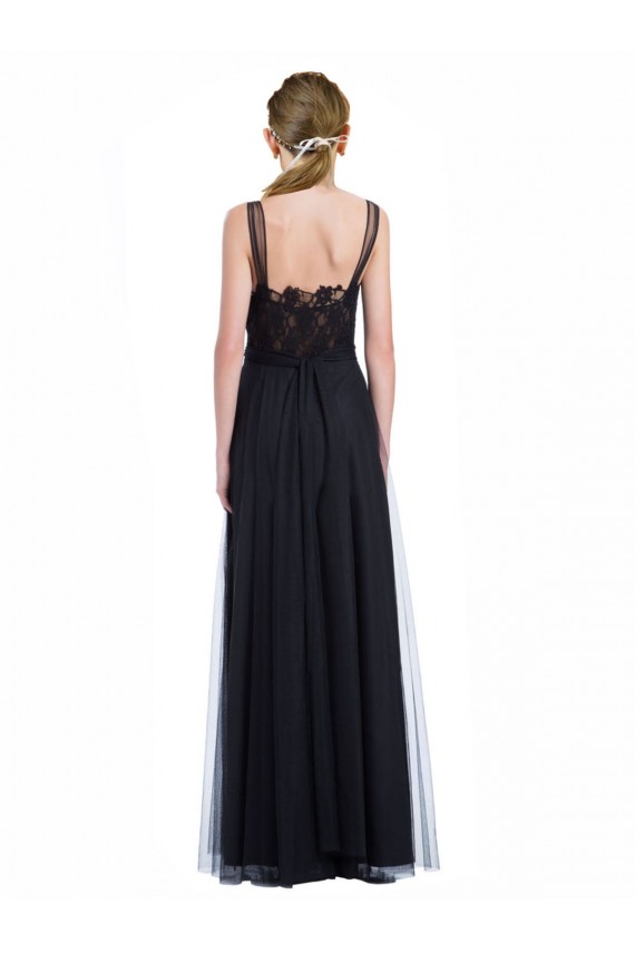 Full Length Tulle Bridesmaid Dress with Lace Bodice and Soft Tulle Illusion Top