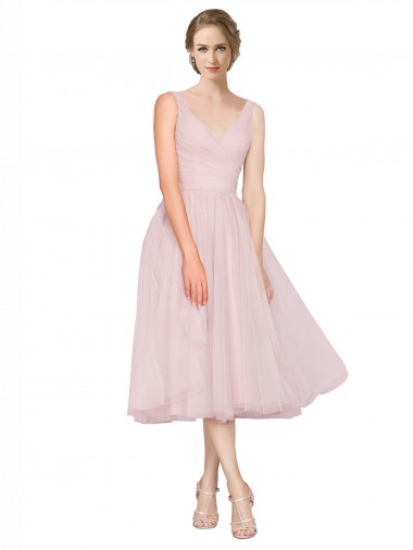 Online Short Tea Length Wide Strap Plunge Cross Over Neckline Tulle Cocktail Bridesmaid Dress