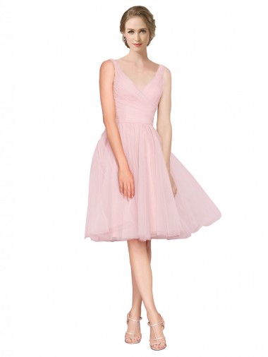 Online Short Knee Length Wide Strap Plunge Cross Over Neckline Tulle Cocktail Bridesmaid Dress