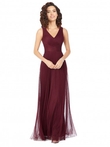 Online Long A-Line V-Neck Tulle Bridesmaid Dress