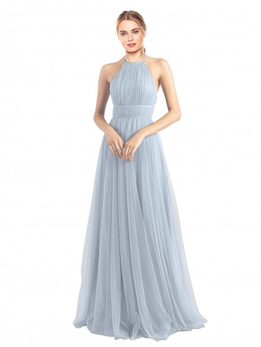 Online Halter Neckline Slim A-Line Tulle Bridesmaid Dress