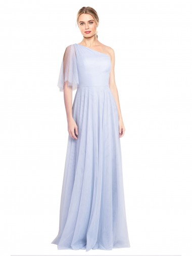 Online Flutter Sleeves One Shoulder Long Tulle Bridesmaid Dress
