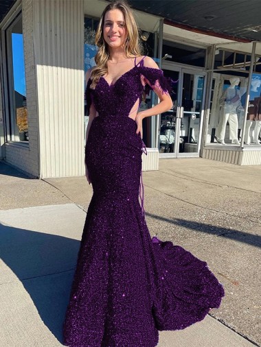 Online Cold Shoulder Sleeveless Long Court Train Velvet Sequin Prom Dress