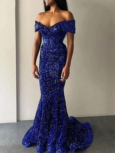 Online Mermaid Off the Shoulder Sleeveless Long Sweep Train Velvet Sequin Prom Dress