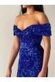 Mermaid Off the Shoulder Sleeveless Long Sweep Train Velvet Sequin Prom Dress