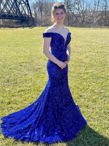 Online Off the Shoulder Sleeveless Long Sweep Train Velvet Sequin Prom Dress