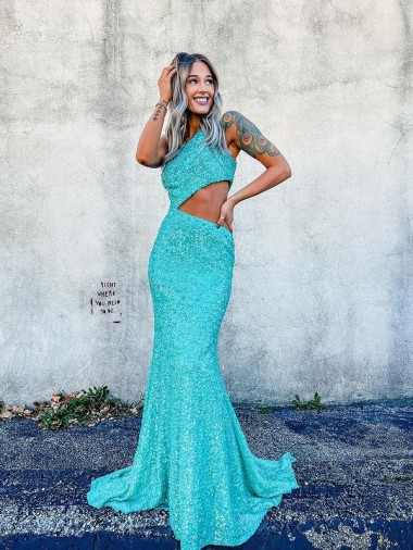 Online Mermaid One Shoulder Sleeveless Long Sweep Train Velvet Sequin Prom Dress