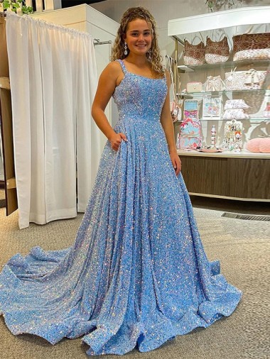 Online A-Line Scoop Sleeveless Long Court Train Velvet Sequin Prom Dress
