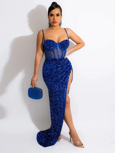 Online Long Sweep Train Spaghetti Straps Sleeveless Velvet Sequin Prom Dress with Slit