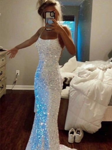 Online Long Spaghetti Straps Sleeveless Sweep Train Velvet Sequin Prom Dress