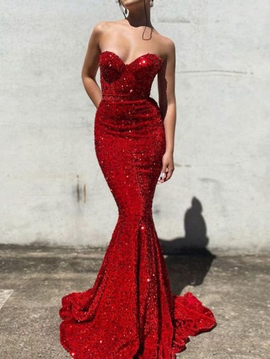 Online Mermaid Sweetheart Sleeveless Long Court Train Velvet Sequin Prom Dress