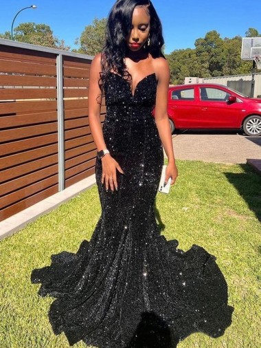 Online Mermaid Sweetheart Sleeveless Long Floor Length Velvet Sequin Prom Dress