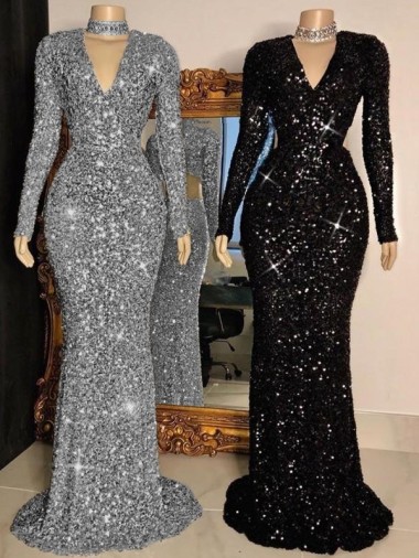 Online V-Neck Long Sleeves Long Sweep Train Velvet Sequin Prom Dress