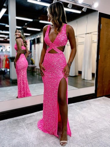 Online Long V-Neck Sleeveless Sweep Train Velvet Sequin Prom Dress with High Slit