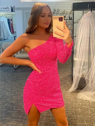 Online Short Velvet Sequin One Shoulder Long Sleeves Prom Dress