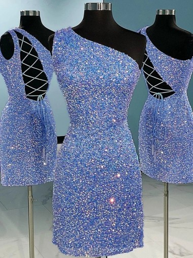 Online Short Velvet Sequin One Shoulder Sleeveless Prom Dress