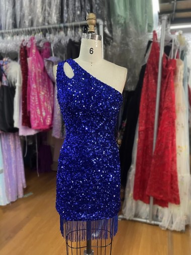 Online One Shoulder Keyhole Sleeveless Short Velvet Sequin Prom Dress