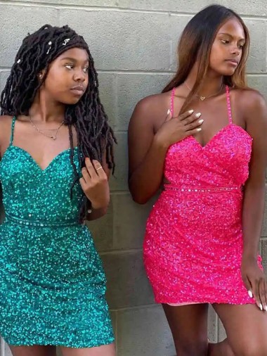 Online V-Neck Sleeveless Short Velvet Sequin Cocktail Dress