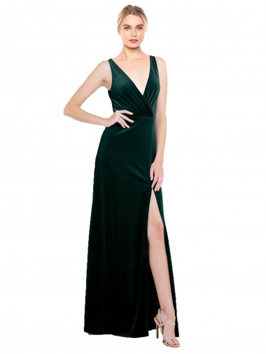 Online Sleek V-Neck Long Formal Velvet Bridesmaid Dress / Prom Dress with Side Slit