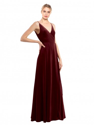 Online Faux Wrap V-Neck Sleek Long Formal Velvet Bridesmaid Dress / Prom Dress