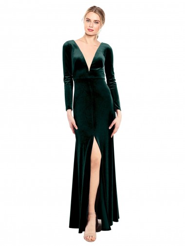 Online Plunging V-Neckline Long Sleeves Open Back Velvet Bridesmaid Dress / Prom Dress