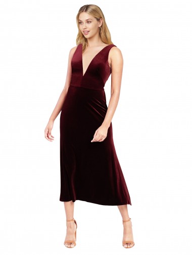 Online Daring Plunging V-Neckline Short Midi Cocktail Length Velvet Bridesmaid Dress / Prom Dress