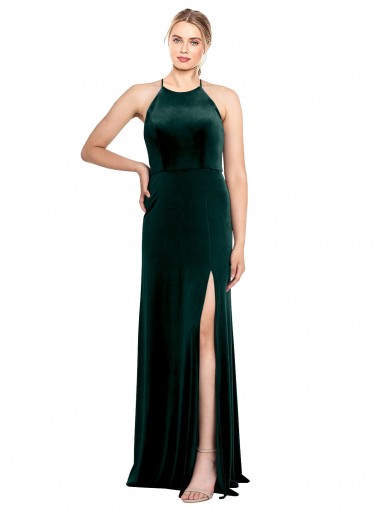 Online Long Jewel Neck Full Length Velvet Bridesmaid Dress / Prom Dress with Side Slit