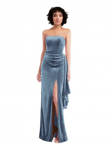 Online Strapless Formal Velvet Maxi Bridesmaid Dress / Prom Dress with Draped Skirt