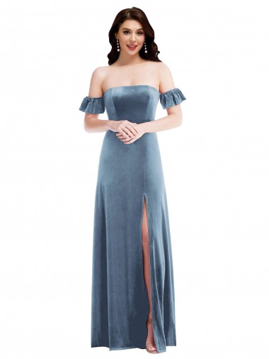 Online Ruffle Sleeve Off the Shoulder Velvet Maxi Bridesmaid Dress / Prom Dress