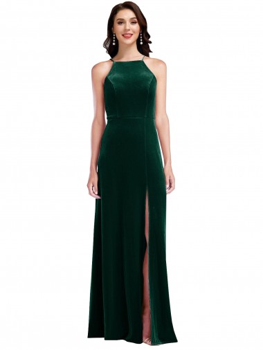 Online Velvet Halter Maxi Bridesmaid Dress / Prom Dress with Pockets & Front Slit