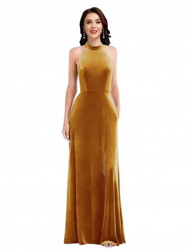 Online High-Neck Halter Velvet Maxi Bridesmaid Dress / Prom Dress with Front Slit