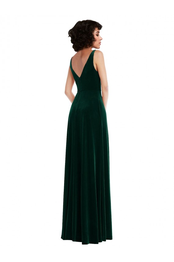 Floor Length Velvet Maxi Bridesmaid Dress / Prom Dress with Shirred Bodice and Front Slit