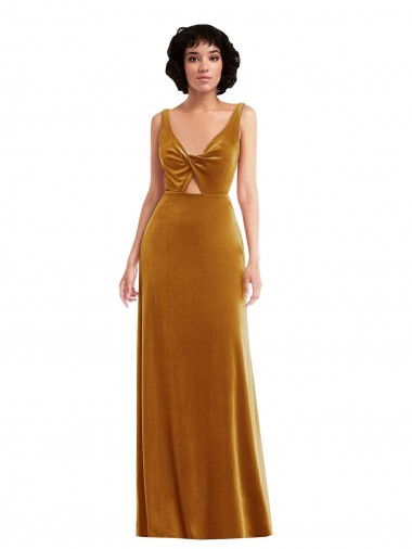 Online Twist Front Cutout Velvet Maxi Bridesmaid Dress / Prom Dress with Pockets