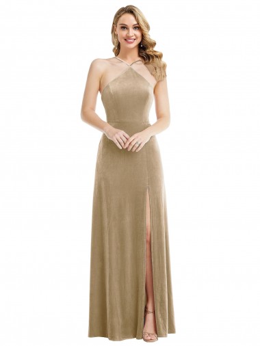 Online High Neck Halter Open Back Long Velvet Maxi Bridesmaid Dress / Prom Dress & Pockets