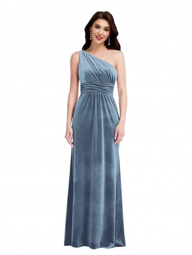 Online One Shoulder Draped Velvet Maxi Bridesmaid Dress / Prom Dress