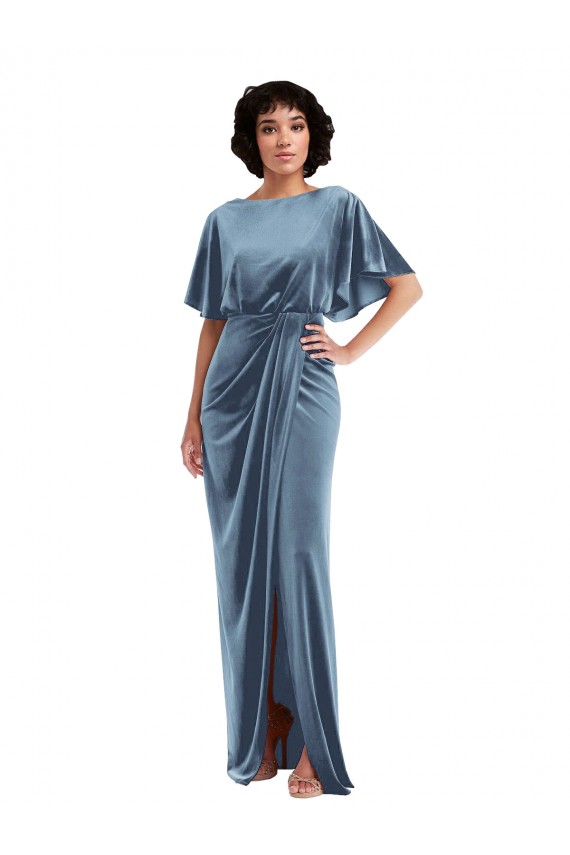 Flutter Sleeve Open Back Velvet Maxi Bridesmaid Dress / Prom Dress with Pockets & Draped Wrap Skirt Pockets