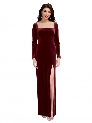 Online Sleek Square Neck Spaghetti Straps Velvet Bridesmaid Dress / Prom Dress with Side Slit